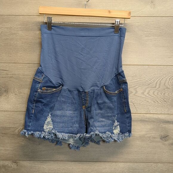 Hofish Over The Belly Distressed Denim Maternity Shorts Women's Size Medium - Picture 1 of 8